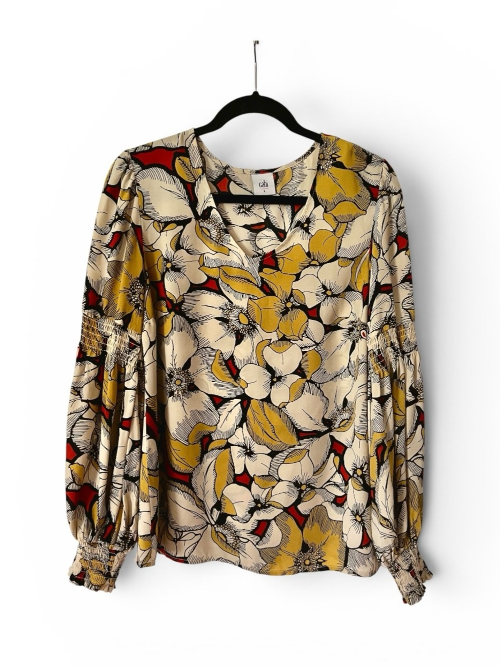 CAbi Yellow Floral V-Neck Balloon Sleeve Blouse Small